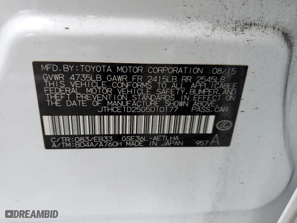 2016 Lexus IS 350 with VIN JTHCE1D25G5010177, listed as a Copart auction lot 50015325 with 40,062 mi miles and Salvage Title. Bid and sale history available at carsss.com. Image 12.