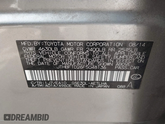 2015 Lexus IS 250 with VIN JTHBF1D26F5048136, listed as a IAAI auction lot 42575754 with 90,220 mi miles and . Bid and sale history available at DreamBid. Image 9.