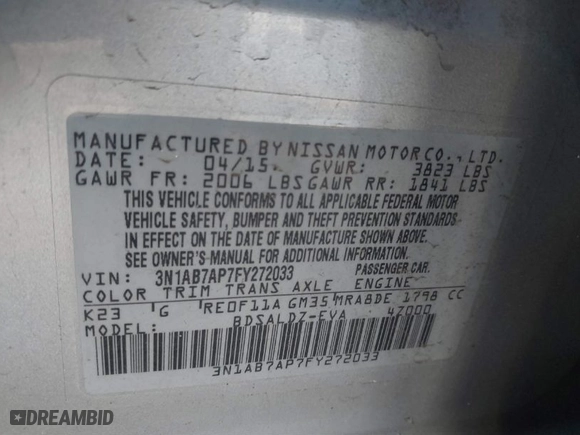 2015 Nissan Sentra SV with VIN 3N1AB7AP7FY272033, listed as a IAAI auction lot 41440665 with 95,709 mi miles. Bid and sale history available at carsss.com. Image 9.