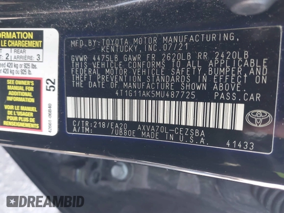 2021 Toyota Camry SE Nightshade with VIN 4T1G11AK5MU487725, listed as a IAAI auction lot 41196499 with 104,715 mi miles and . Bid and sale history available at DreamBid. Image 9.