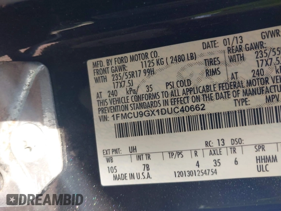 2013 Ford Escape SE with VIN 1FMCU9GX1DUC40662, listed as a IAAI auction lot 42158818 with 115,953 mi miles and . Bid and sale history available at DreamBid. Image 9.
