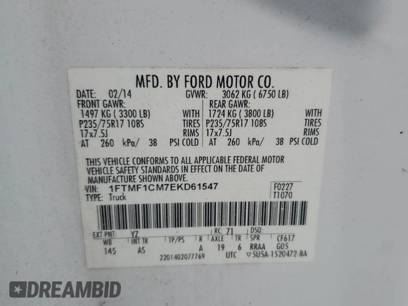 2014 Ford F-150 XL with VIN 1FTMF1CM7EKD61547, listed as a Copart auction lot 74311804 with 175,203 mi miles and Salvage title. Bid and sale history available at DreamBid. Image 13.