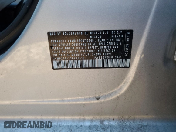 2013 Volkswagen Jetta SE with VIN 3VWDX7AJ1DM426518, listed as a Copart auction lot 78533834 with 123,838 mi miles and Salvage title. Bid and sale history available at DreamBid. Image 15.