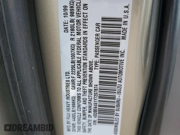 2000 Subaru Legacy with VIN 4S3BE6451Y7207874, listed as a Copart auction lot 59583325 with 57,861 mi miles and Salvage title. Bid and sale history available at DreamBid. Image 13.