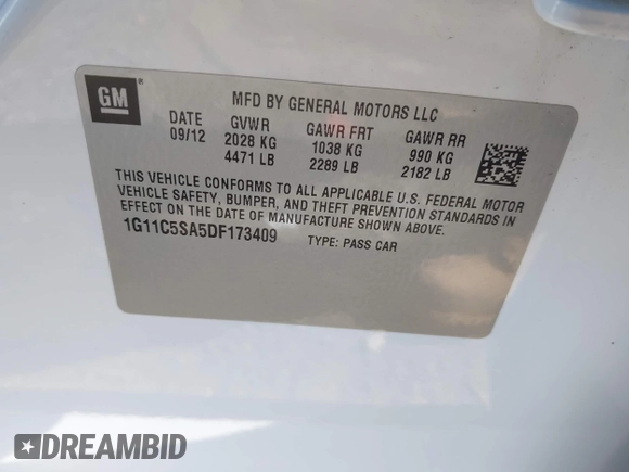 2013 Chevrolet Malibu LT with VIN 1G11C5SA5DF173409, listed as a IAAI auction lot 42148005 with 94,018 mi miles and . Bid and sale history available at DreamBid. Image 9.