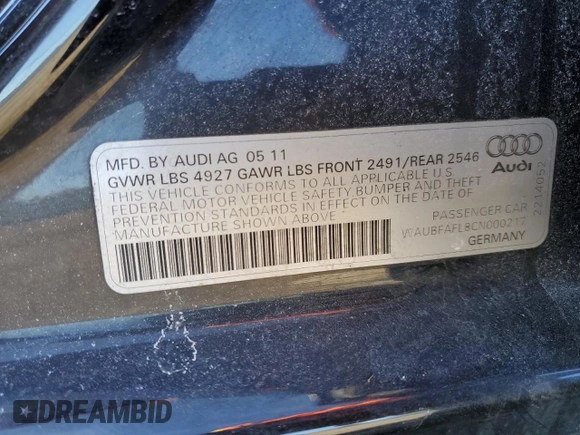 2012 Audi A4 2.0T Premium with VIN WAUBFAFL8CN000217, listed as a Copart auction lot 46472135 with 156,790 mi miles and Salvage Title. Bid and sale history available at carsss.com. Image 13.