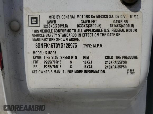 2000 Chevrolet Suburban LT with VIN 3GNFK16T0YG128975, listed as a Copart auction lot 72245934 with 246,263 mi miles and Salvage Title. Bid and sale history available at carsss.com. Image 13.