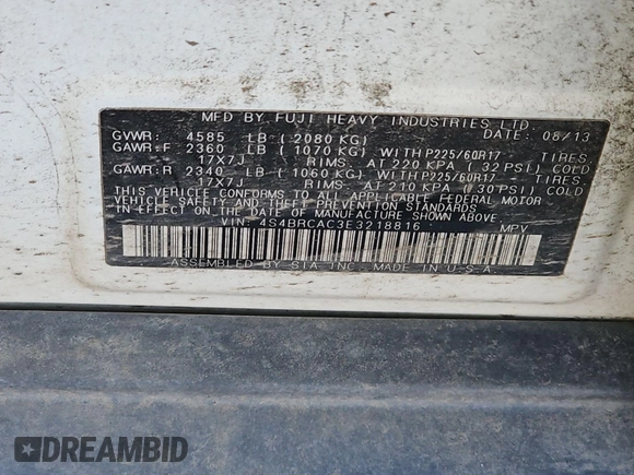 2014 Subaru Outback 2.5i with VIN 4S4BRCAC3E3218816, listed as a IAAI auction lot 42801636 with 227,218 mi miles and . Bid and sale history available at DreamBid. Image 16.