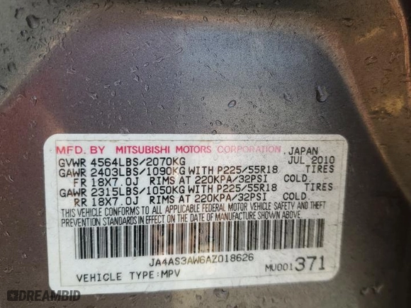 2010 Mitsubishi Outlander SE with VIN JA4AS3AW6AZ018626, listed as a Copart auction lot 51621035 with 184,953 mi miles and Salvage Title. Bid and sale history available at carsss.com. Image 13.