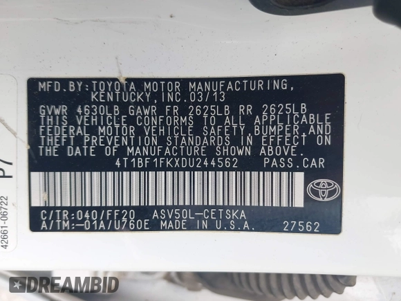 2013 Toyota Camry L with VIN 4T1BF1FKXDU244562, listed as a IAAI auction lot 42050483 with 263,068 mi miles. Bid and sale history available at carsss.com. Image 9.