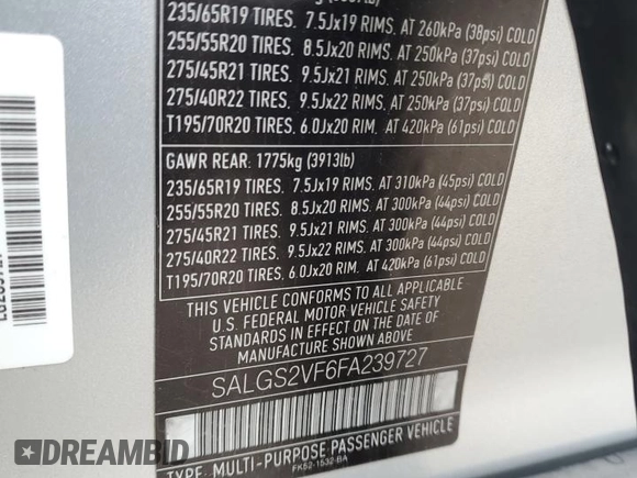 2015 Land Rover Range Rover HSE with VIN SALGS2VF6FA239727, listed as a Copart auction lot 51810815 with 58,551 mi miles and Clean title. Bid and sale history available at DreamBid. Image 13.