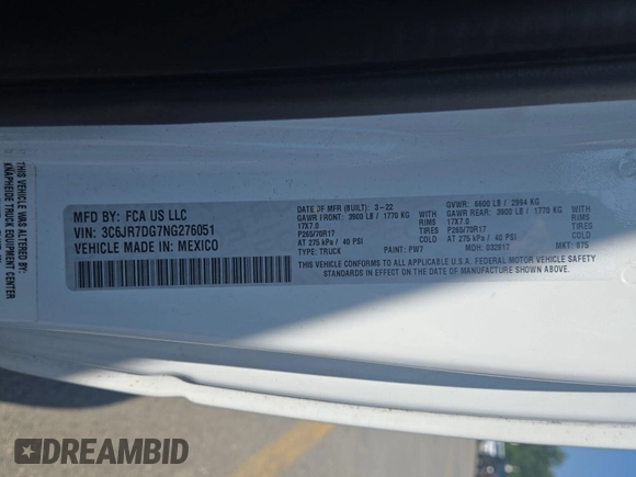 2022 Ram 1500 Tradesman with VIN 3C6JR7DG7NG276051, listed as a IAAI auction lot 42832410 with 29,141 mi miles and . Bid and sale history available at DreamBid. Image 6.