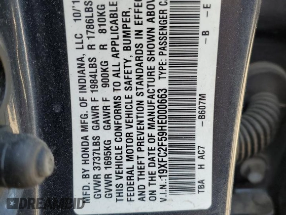 2017 Honda Civic Sedan LX with VIN 19XFC2F59HE000663, listed as a Copart auction lot 48856145 with 0 mi miles and Salvage Title. Bid and sale history available at carsss.com. Image 12.