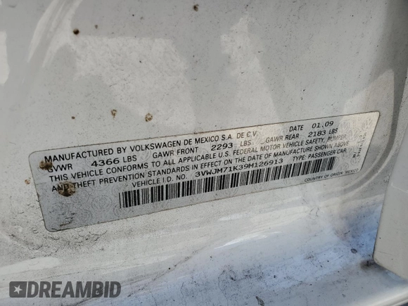 2009 Volkswagen Jetta S с VIN 3VWJM71K39M126913, выставлен на аукционе Copart как лот 49960555 с пробегом Не указан миль и Чистый • Clean title. История ставок и продаж доступна на DreamBid. Изображение 12.