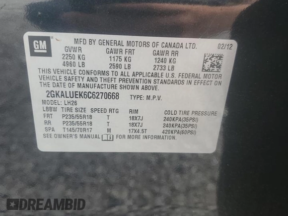 2012 GMC Terrain SLT-1 z VIN 2GKALUEK6C6270668, wystawiony jako Copart lot #54606755 z przebiegiem 133 558 mil mil oraz Szkoda całkowita • Salvage title. Historia ofert i sprzedaży dostępna na DreamBid. Obrazek 13.