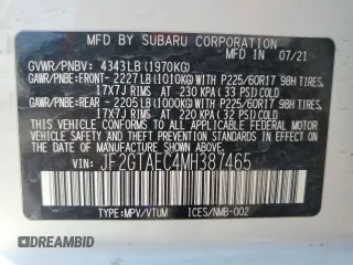 2021 Subaru Crosstrek Premium with VIN JF2GTAEC4MH387465, listed as a Copart auction lot 55343395 with 60,409 mi miles and Salvage title. Bid and sale history available at DreamBid. Image 12.