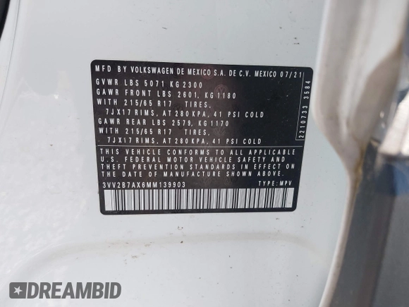 2021 Volkswagen Tiguan SE with VIN 3VV2B7AX6MM139903, listed as a IAAI auction lot 42060657 with 42,747 mi miles and . Bid and sale history available at DreamBid. Image 9.