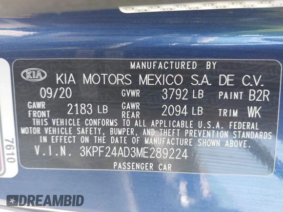 2021 Kia Forte LXS with VIN 3KPF24AD3ME289224, listed as a IAAI auction lot 42199644 with 42,895 mi miles and . Bid and sale history available at DreamBid. Image 9.