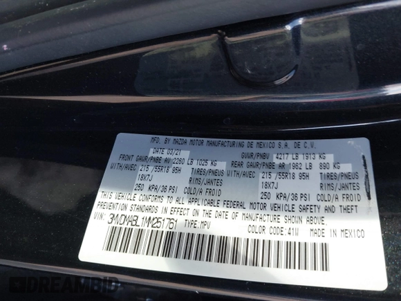 2021 Mazda CX-30 Select z VIN 3MVDMABL1MM251761, wystawiony jako IAAI lot #42267217 z przebiegiem 42 617 mil mil oraz . Historia ofert i sprzedaży dostępna na DreamBid. Obrazek 9.