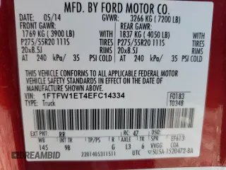 2014 Ford F-150 XL with VIN 1FTFW1ET4EFC14334, listed as a Copart auction lot 50131345 with 131,528 mi miles and Salvage Title. Bid and sale history available at carsss.com. Image 14.