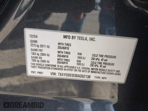 2025 Tesla Model Y Long Range with VIN 7SAYGDED3SA352138, listed as a IAAI auction lot 41760798 with 1,209 mi miles and . Bid and sale history available at DreamBid. Image 9.