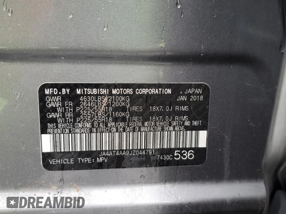 2018 Mitsubishi Eclipse Cross LE with VIN JA4AT4AA9JZ044791, listed as a Copart auction lot 61678445 with 86,488 mi miles and Salvage title. Bid and sale history available at DreamBid. Image 13.