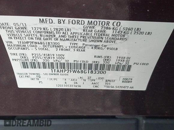 2011 Ford Taurus Limited with VIN 1FAHP2FW6BG183300, listed as a IAAI auction lot 42020979 with 202,781 mi miles and . Bid and sale history available at DreamBid. Image 9.