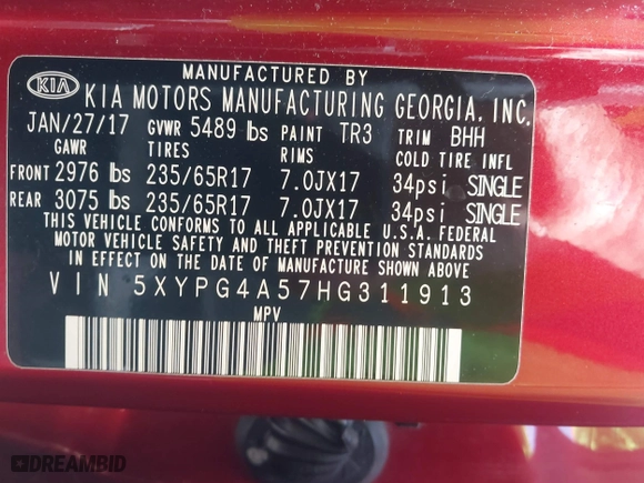 2017 Kia Sorento LX V6 with VIN 5XYPG4A57HG311913, listed as a IAAI auction lot 41764716 with 78,224 mi miles. Bid and sale history available at carsss.com. Image 9.