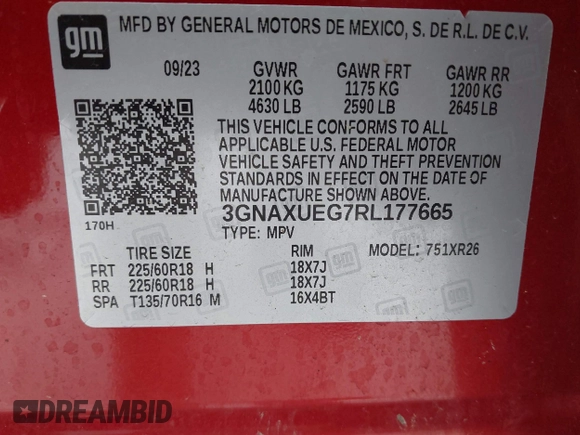 2024 Chevrolet Equinox LT with VIN 3GNAXUEG7RL177665, listed as a IAAI auction lot 41733068 with 17,666 mi miles and . Bid and sale history available at DreamBid. Image 9.