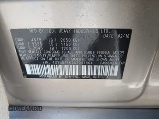 2016 Subaru Legacy 2.5i Premium with VIN 4S3BNAF62G3041864, listed as a IAAI auction lot 41516582 with 121,061 mi miles. Bid and sale history available at carsss.com. Image 9.