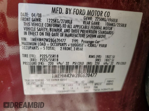 2008 Mercury Sable Premier с VIN 1MEHM42W28G620477, выставлен на аукционе Copart как лот 74179034 с пробегом 147 762 миль миль и Чистый • Clean title. История ставок и продаж доступна на DreamBid. Изображение 12.
