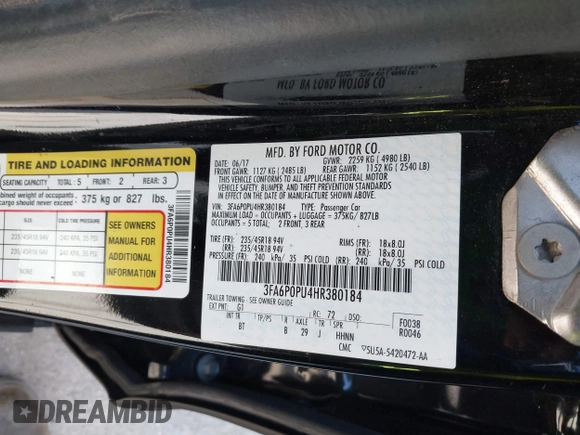 2017 Ford Fusion Energi SE with VIN 3FA6P0PU4HR380184, listed as a IAAI auction lot 42099750 with 126,175 mi miles. Bid and sale history available at carsss.com. Image 9.