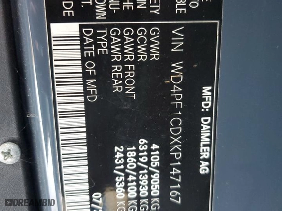 2019 Mercedes-Benz Sprinter Cargo Van with VIN WD4PF1CDXKP147167, listed as a Copart auction lot 46828455 with NaN miles and Clean Title. Bid and sale history available at carsss.com. Image 12.