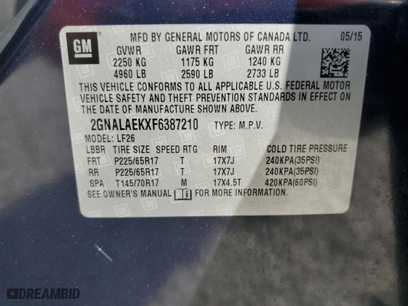 2015 Chevrolet Equinox LS with VIN 2GNALAEKXF6387210, listed as a Copart auction lot 43428415 with 171,954 mi miles and Clean Title. Bid and sale history available at carsss.com. Image 12.