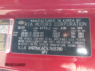 2020 Kia Sportage LX with VIN KNDPMCAC5L7635790, listed as a IAAI auction lot 42140965 with 46,057 mi miles. Bid and sale history available at carsss.com. Image 9.