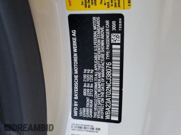 2022 BMW 4 Series 430i with VIN WBA23AT02NCJ38076, listed as a Copart auction lot 76186884 with 21,106 mi miles and Non repairable. Bid and sale history available at DreamBid. Image 13.
