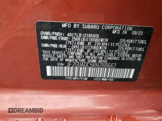 2024 Subaru Crosstrek Premium с VIN JF2GUADC5RH288661, выставлен на аукционе Copart как лот 58638065 с пробегом 29 205 миль миль и Списание • Salvage title. История ставок и продаж доступна на DreamBid. Изображение 13.