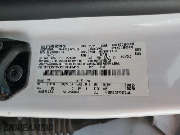 2015 Ford F-150 XL with VIN 1FTEW1CG5FKD43418, listed as a Copart auction lot 44239165 with 208,295 mi miles and Salvage title. Bid and sale history available at DreamBid. Image 13.