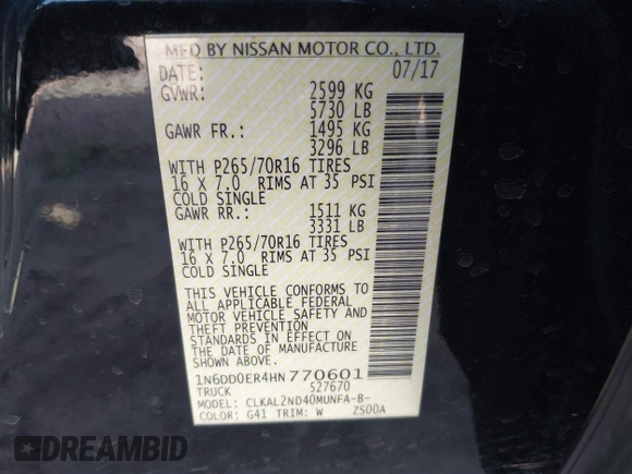 2017 Nissan Frontier SV with VIN 1N6DD0ER4HN770601, listed as a IAAI auction lot 41805944 with 67,765 mi miles and . Bid and sale history available at DreamBid. Image 9.