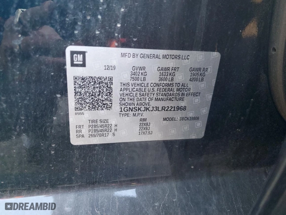 2020 Chevrolet Suburban Premier with VIN 1GNSKJKJ3LR221968, listed as a Copart auction lot 50227105 with 82,539 mi miles and Salvage Title. Bid and sale history available at carsss.com. Image 13.
