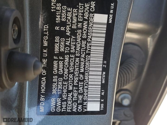 2019 Honda Civic Hatchback Sport with VIN SHHFK7G46KU208702, listed as a Copart auction lot 51952134 with 65,392 mi miles and Salvage Title. Bid and sale history available at carsss.com. Image 12.