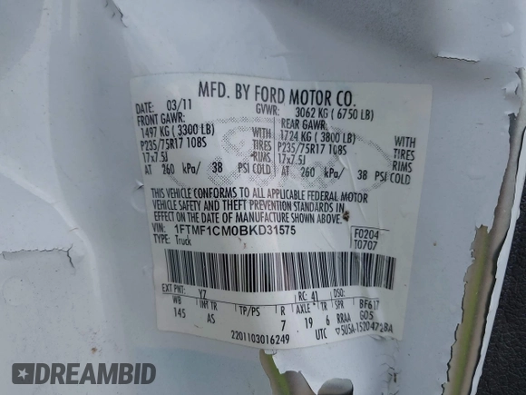 2011 Ford F-150 XL с VIN 1FTMF1CM0BKD31575, выставлен на аукционе IAAI как лот 42253539 с пробегом 170 230 миль миль и . История ставок и продаж доступна на DreamBid. Изображение 9.