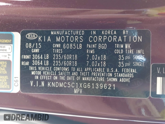 2016 Kia Sedona EX with VIN KNDMC5C1XG6139621, listed as a IAAI auction lot 41545975 with 111,274 mi miles. Bid and sale history available at carsss.com. Image 9.