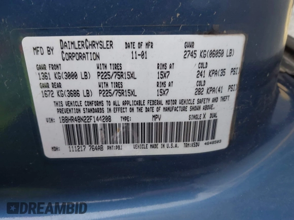 2002 Dodge Durango z VIN 1B8HR48N22F144208, wystawiony jako IAAI lot #41101004 z przebiegiem Nie podano mil oraz . Historia ofert i sprzedaży dostępna na DreamBid. Obrazek 9.