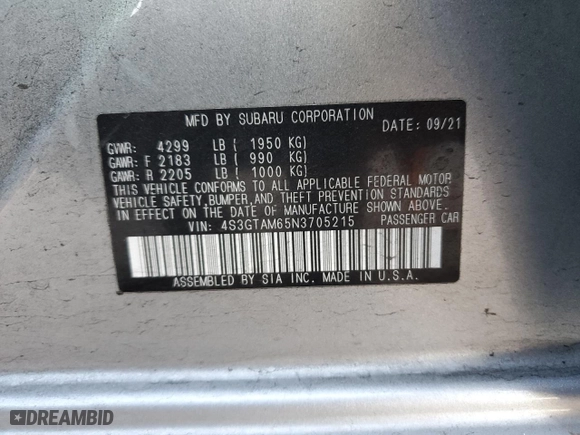 2022 Subaru Impreza Sport with VIN 4S3GTAM65N3705215, listed as a Copart auction lot 46473975 with 6,241 mi miles and Salvage Title. Bid and sale history available at carsss.com. Image 12.