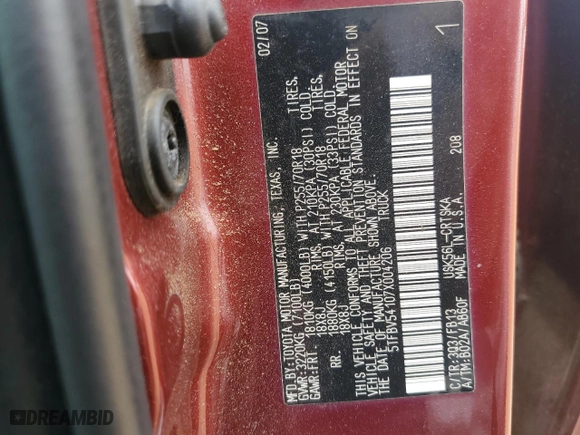 2007 Toyota Tundra SR5 with VIN 5TFBV54107X004206, listed as a Copart auction lot 50962215 with 320,831 mi miles and Salvage Title. Bid and sale history available at carsss.com. Image 12.