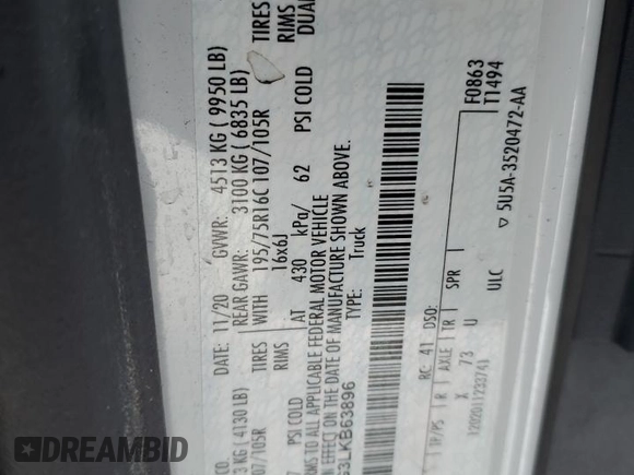 2020 Ford Transit Cargo with VIN 1FTBF4XG3LKB63896, listed as a Copart auction lot 45961475 with 106,734 mi miles and Salvage Title. Bid and sale history available at DreamBid. Image 12.