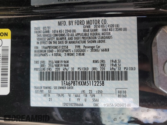 2021 Ford Mustang EcoBoost with VIN 1FA6P8THXM5112258, listed as a Copart auction lot 57501095 with 83,309 mi miles and Salvage title. Bid and sale history available at DreamBid. Image 12.