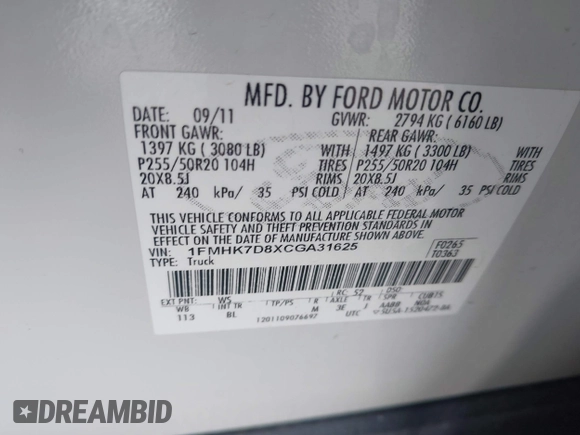 2012 Ford Explorer XLT с VIN 1FMHK7D8XCGA31625, выставлен на аукционе IAAI как лот 42727616 с пробегом 190 187 миль миль и . История ставок и продаж доступна на DreamBid. Изображение 9.