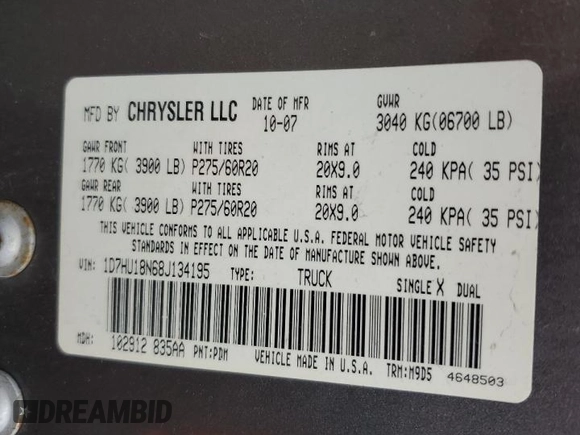 2008 Dodge 1500 ST z VIN 1D7HU18N68J134195, wystawiony jako Copart lot #57781925 z przebiegiem 122 316 mil mil oraz Szkoda całkowita • Salvage title. Historia ofert i sprzedaży dostępna na DreamBid. Obrazek 12.